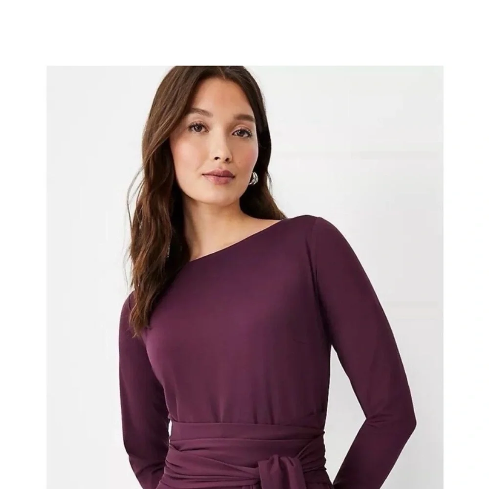 💜 Ann Taylor Rich Burgundy Tie Waist Long Sleeve Midi Dress 💜 - Picture 2 of 6